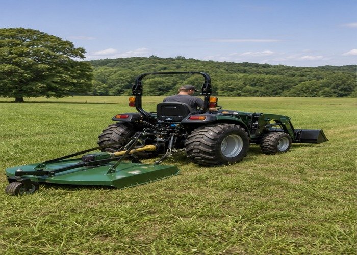 Unbranded 35 horsepower compact tractor operating a rotary cutter