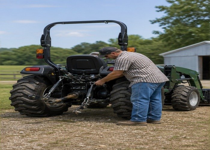 Operator inspecting compact tractor three-point hitch and PTO driveline Operator inspecting compact tractor three-point hitch and PTO driveline