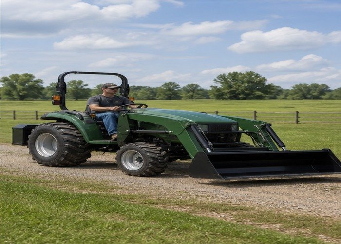 Compact tractor carrying a low loader bucket with rear ballast Compact tractor carrying a low loader bucket with rear ballast