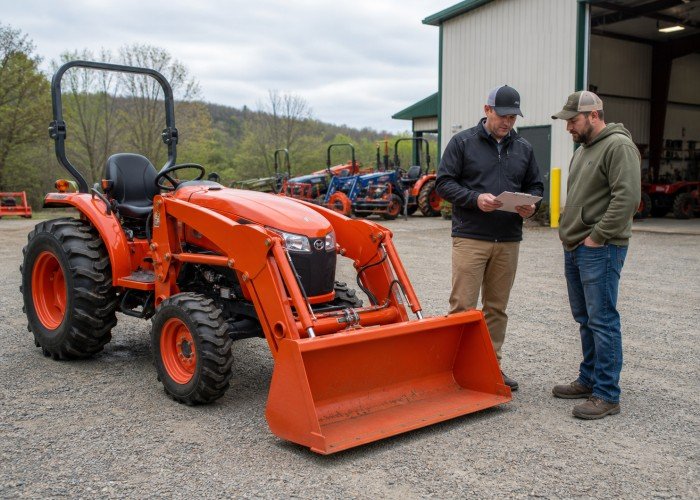 Buyer and dealer reviewing a compact tractor configuration