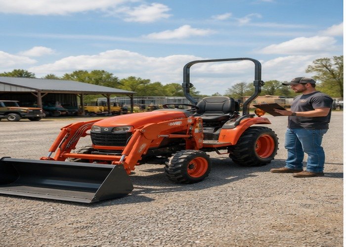 Buyer inspecting a compact tractor before comparing payment options