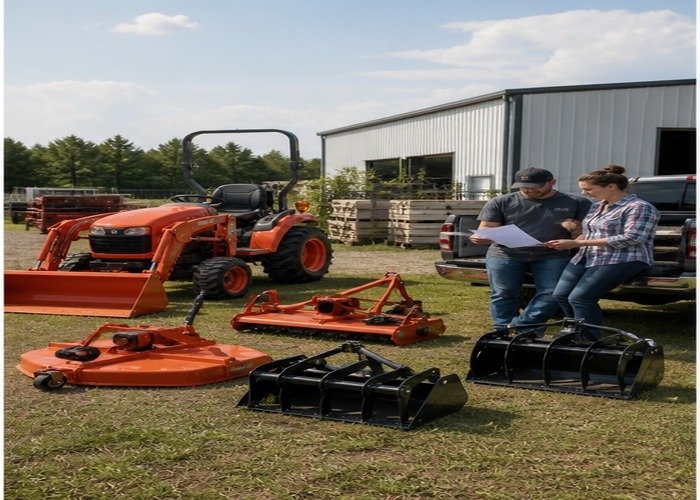 Compact tractor and implements beside buyers reviewing ownership paperwork Compact tractor and implements beside buyers reviewing ownership paperwork