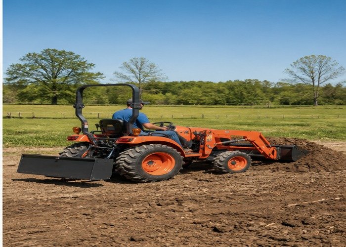Compact tractor working with loader and rear ballast on a farm Compact tractor working with loader and rear ballast on a farm