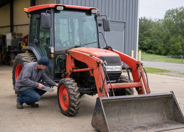 Technician inspecting a loader-equipped compact tractor