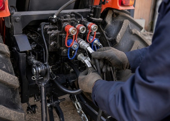 Technician checking tractor rear hydraulic couplers Technician checking tractor rear hydraulic couplers