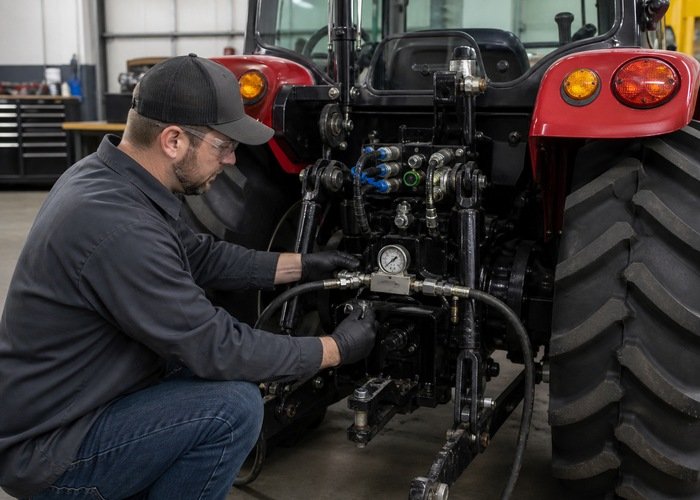 Technician testing tractor hydraulic flow and pressure Technician testing tractor hydraulic flow and pressure