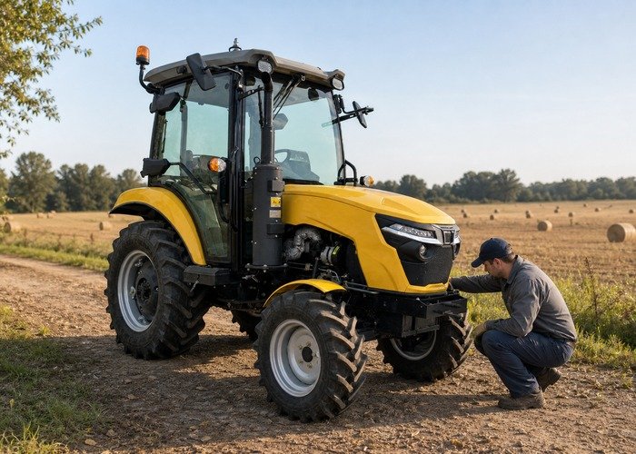 Technician inspecting a compact tractor hydraulic system after an overheating complaint