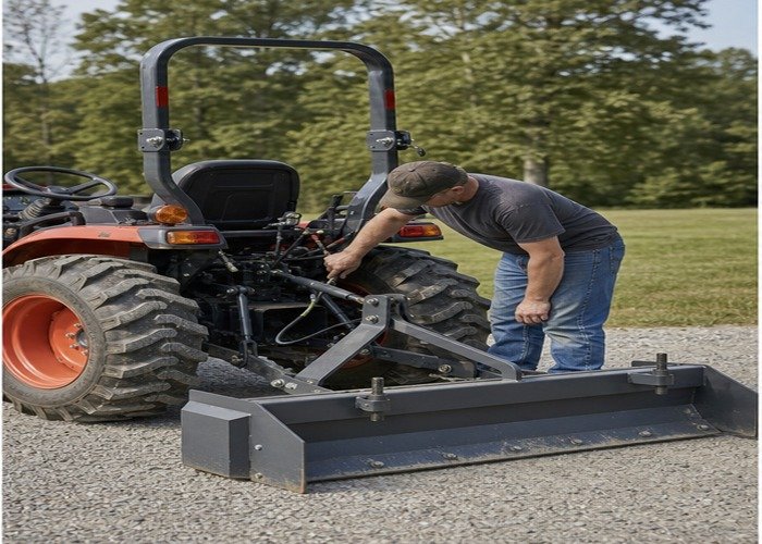 Operator checking hydraulic top-link hoses on a grounded implement Operator checking hydraulic top-link hoses on a grounded implement
