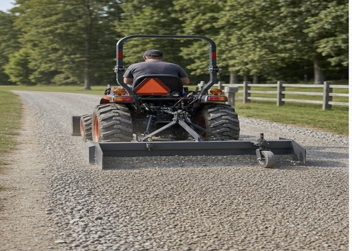 Compact tractor grading gravel with a rear box blade