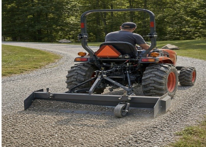 Compact tractor making a controlled box-blade finishing pass Compact tractor making a controlled box-blade finishing pass