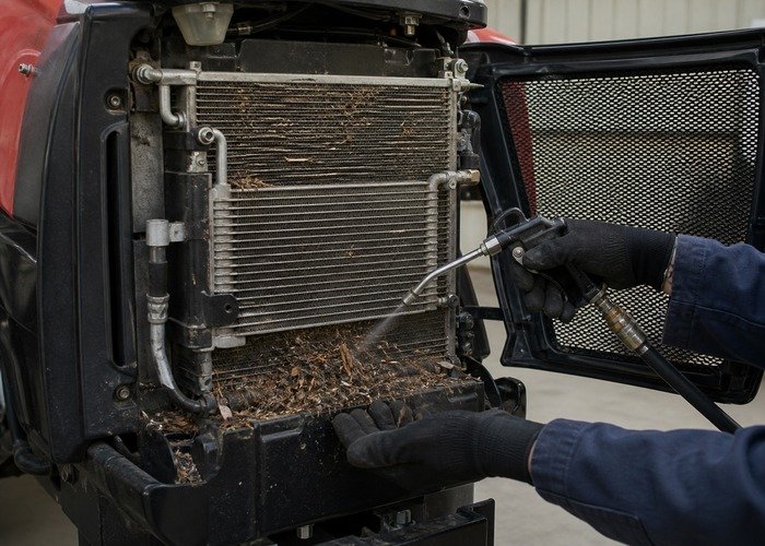 Cleaning dust and chaff from a compact tractor hydraulic oil cooler