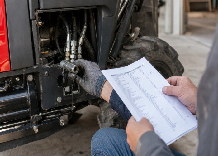 Technician checking tractor hydraulic parts and service list Technician checking tractor hydraulic parts and service list