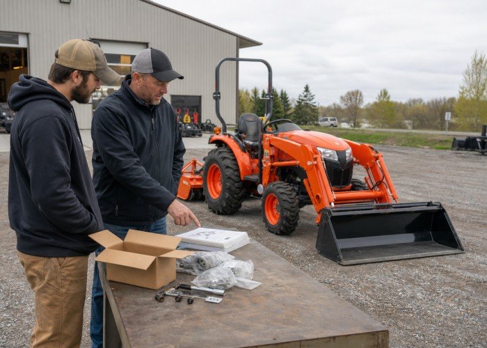 Dealer and buyer completing compact tractor pre-delivery checks Dealer and buyer completing compact tractor pre-delivery checks