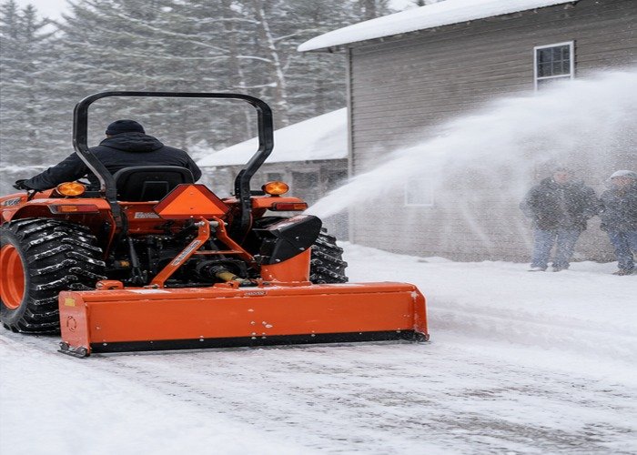 Compact tractor directing blown snow away from buildings during a controlled pass Compact tractor directing blown snow away from buildings during a controlled pass