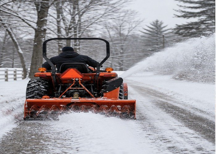Compact tractor clearing snow from a gravel lane with a rear snow blower