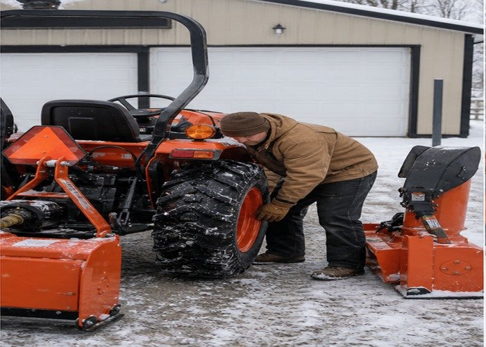 Operator safely checking the stopped tractor snow blower PTO shield and skid shoes Operator safely checking the stopped tractor snow blower PTO shield and skid shoes