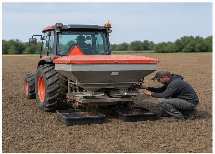 Operator calibrating a stopped rear broadcast spreader with catch pans Operator calibrating a stopped rear broadcast spreader with catch pans