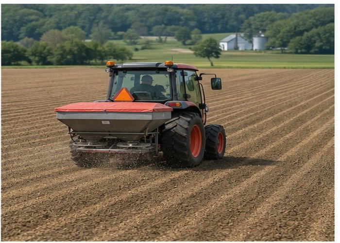 Compact tractor completing parallel calibrated spreading passes Compact tractor completing parallel calibrated spreading passes