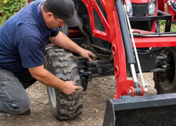 Close inspection of tractor steering joints and front hub