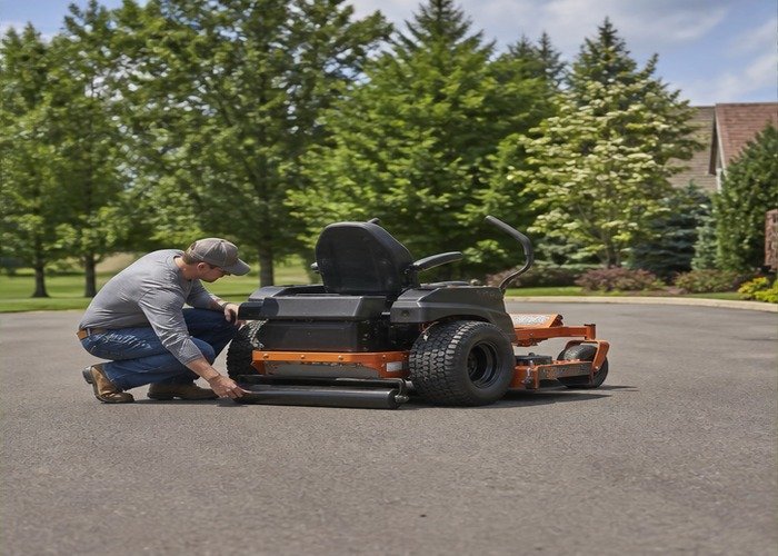 Operator checking deck level and rear striping roller on a stopped mower Operator checking deck level and rear striping roller on a stopped mower
