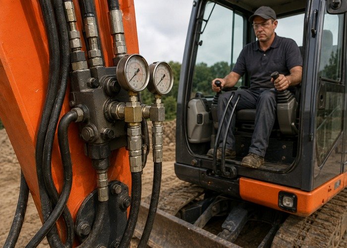 Mini excavator hydraulic pressure gauges during a controlled boom test