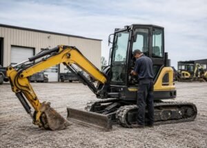 Mini excavator with boom safely lowered while a technician inspects hydraulic controls