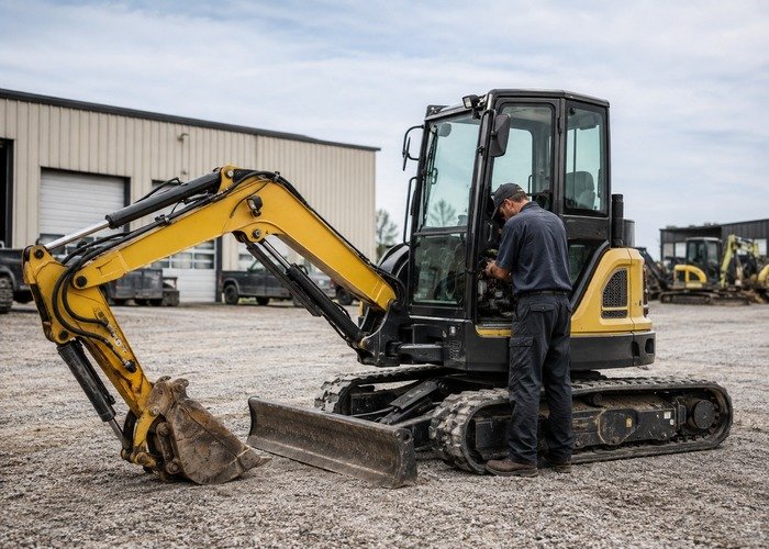 Mini excavator with boom safely lowered while a technician inspects hydraulic controls