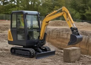 Mini excavator positioned for a controlled boom and bucket cylinder drift observation