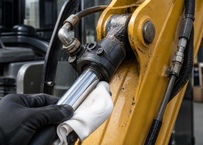 Inspecting a mini excavator hydraulic cylinder rod and gland for leakage or damage