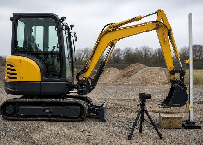 Mini excavator cylinder drift measurement setup with ruler camera and bucket test block