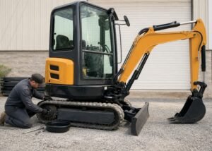 Technician preparing to inspect mini excavator final drive oil on level ground