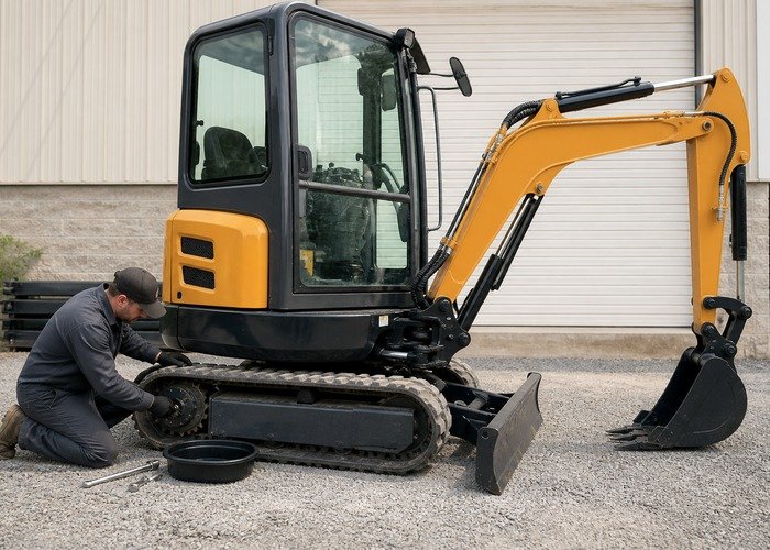 Technician preparing to inspect mini excavator final drive oil on level ground