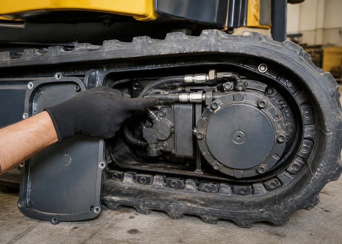 Technician inspecting mini excavator travel motor hoses and final drive housing