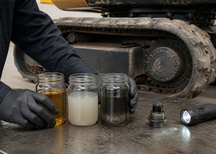 Comparing clean, water-contaminated, and metal-contaminated mini excavator final drive oil
