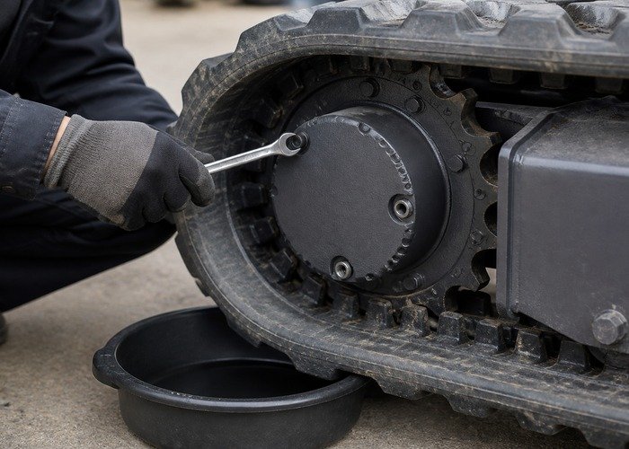 Checking mini excavator final drive fill level and drain plug positions