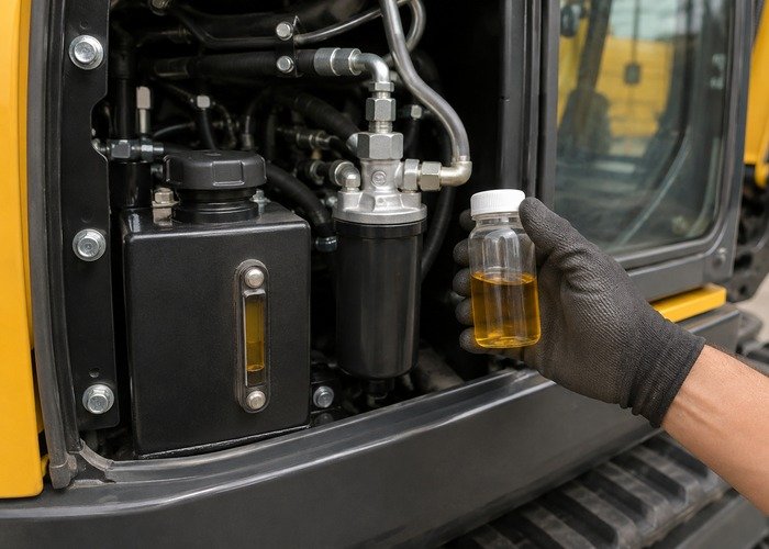 Technician checking mini excavator hydraulic oil level, filter housing, and a clean oil sample