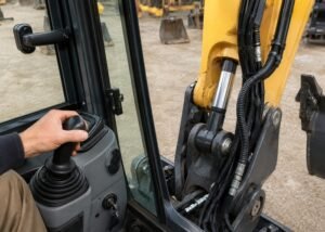 Operator gently moving a mini excavator joystick while the boom-base cylinder and secured hoses are visible