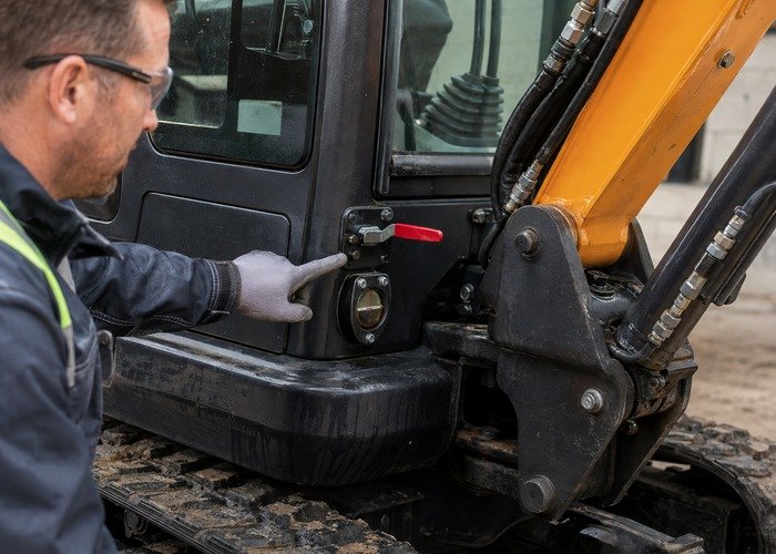 Technician checking a mini excavator pilot safety lock and hydraulic oil sight level
