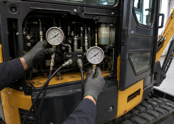 Technician connecting rated gauges to mini excavator pilot and main hydraulic test ports