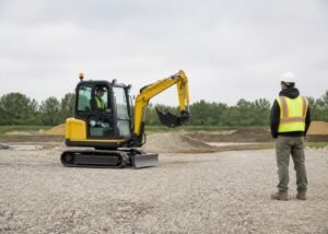 Compact mini excavator traveling on level gravel during a straight-line tracking test