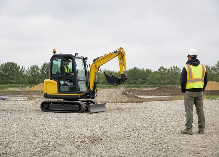 Compact mini excavator traveling on level gravel during a straight-line tracking test