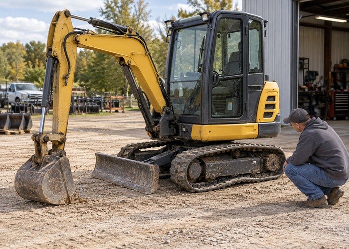 Mini excavator parked with a loose track while a technician inspects the undercarriage