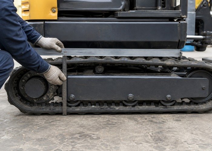 Technician measuring rubber track sag on a parked mini excavator