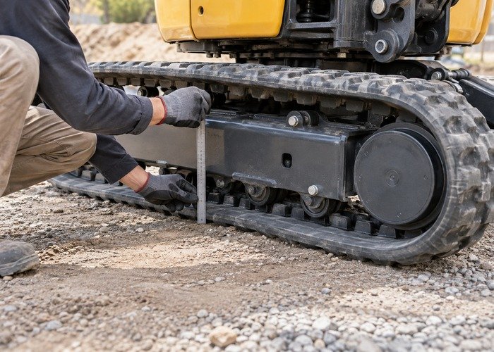 Technician checking mini excavator track tension and idler alignment