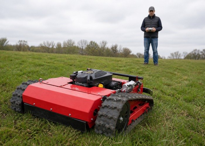 Operator pairing one handheld transmitter with a parked tracked remote control mower