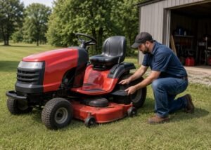 Riding mower with deck lowered while a technician inspects the PTO belt guard