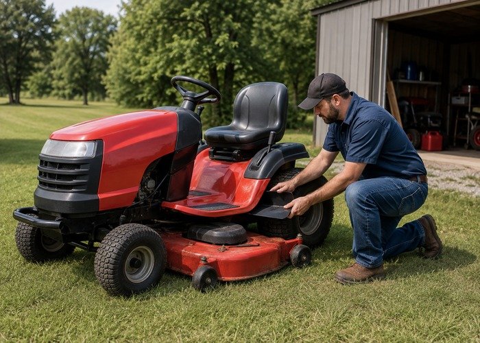 Riding mower with deck lowered while a technician inspects the PTO belt guard