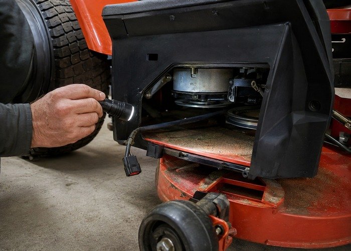 Technician inspecting a mower PTO clutch connector and drive belt with a flashlight
