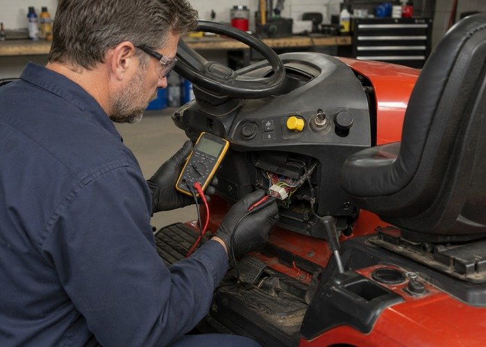 Technician checking a riding mower PTO switch connector with a multimeter