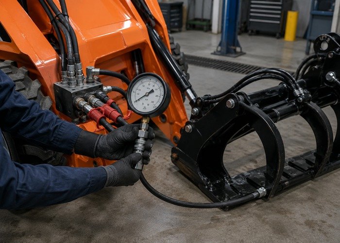 Technician comparing skid steer auxiliary hydraulic pressure with a rated gauge
